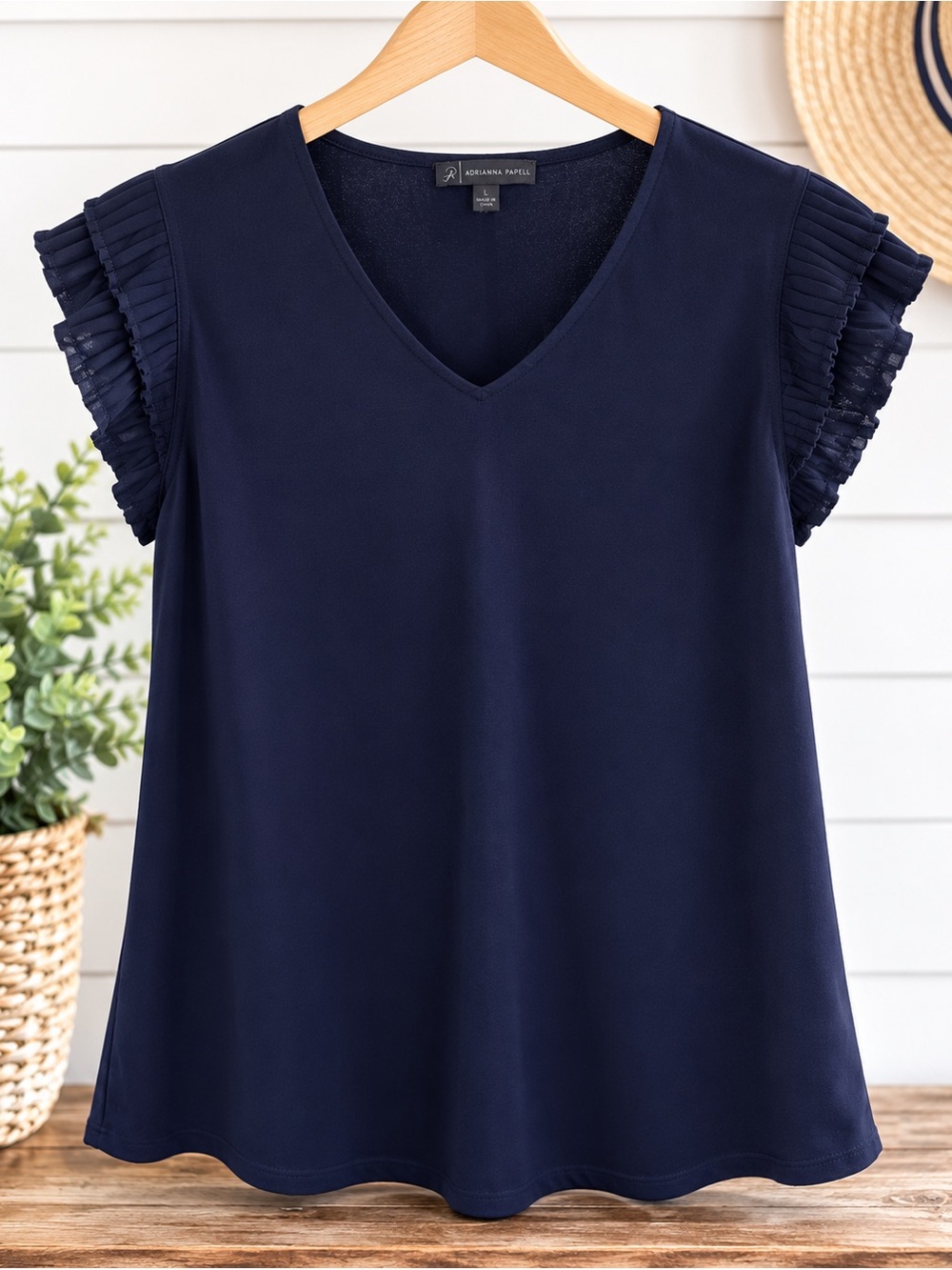 Adrianna Papell  Navy Flutter Sleeve Blouse | Size Large | Elegant V-Neck Top